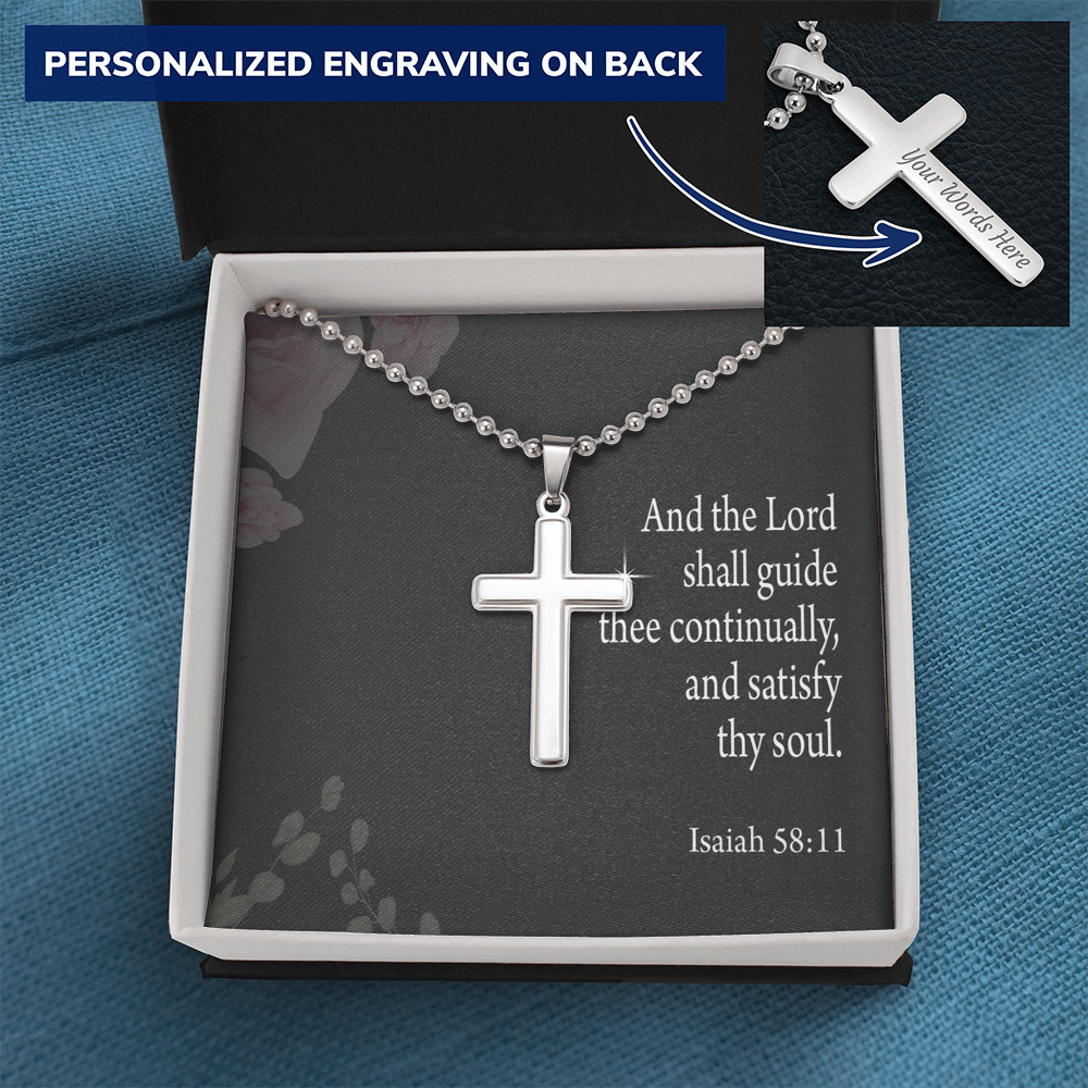 Satisfy Thy Soul Isaiah 58:11 Cross Necklace Message Card W Ball Chain Pendant
